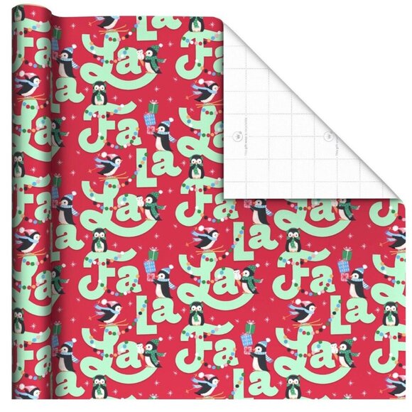 Hallmark Wrapping Paper Christmas Penguins Fa La La Red 35 sq ft Roll Holiday - Picture 2 of 4